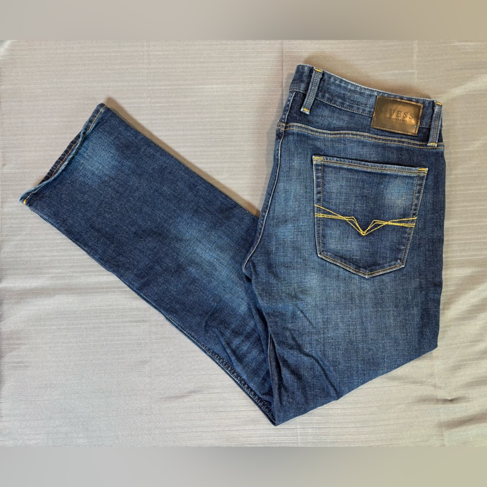 Guess Men's Slim Straight Jeans in Dark Blue with Yellow Stitching